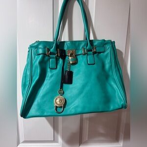 Michael Kors Hamilton Lock Tote Teal Leather Gold Hardware MK Key Satchel Large